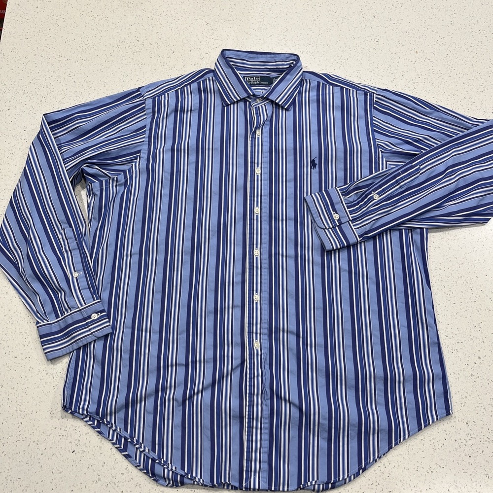 Polo Ralph Lauren Shirt Mens XL Blue White Striped Philip Button Up